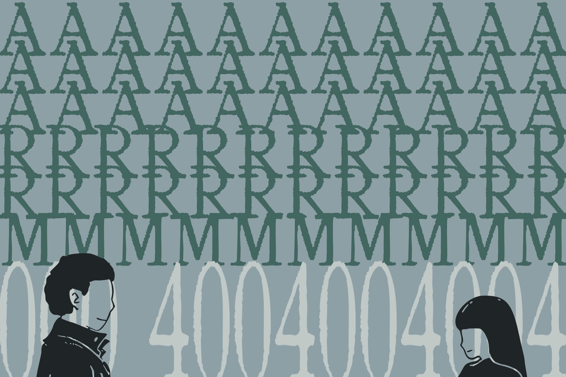 Minimalist 404 error page with two figures staring at stacked typography on muted blue background