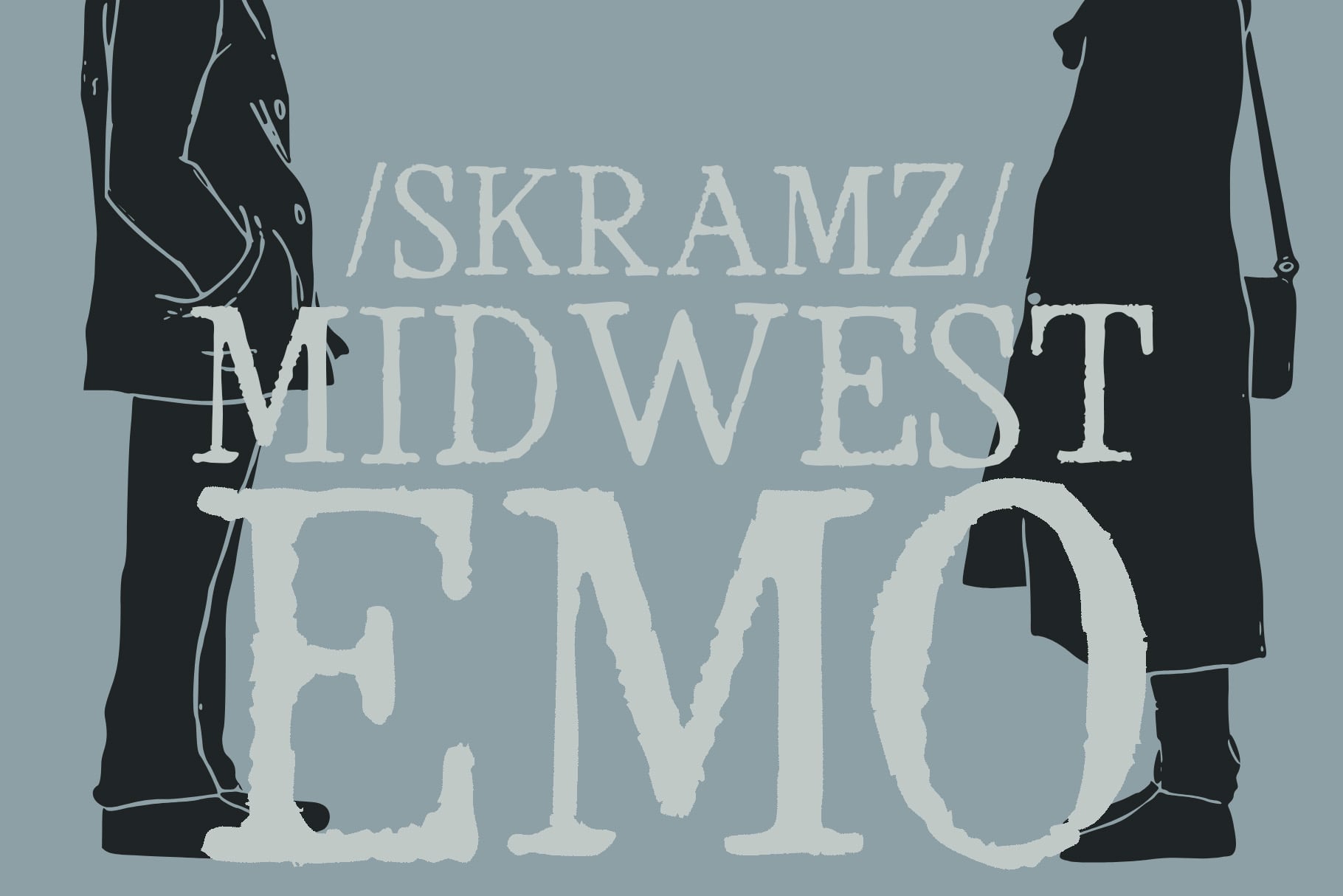 Skramz midwest emo poster mockup with two figures in black jackets on blue background