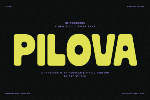 Pilova bold display sans typeface in bright yellow on dark background with intro text