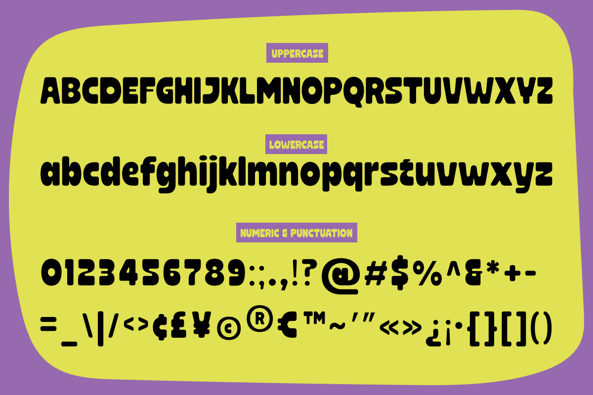 Bold sans serif font with uppercase, lowercase, numbers plus all punctuation marks on bright yellow background