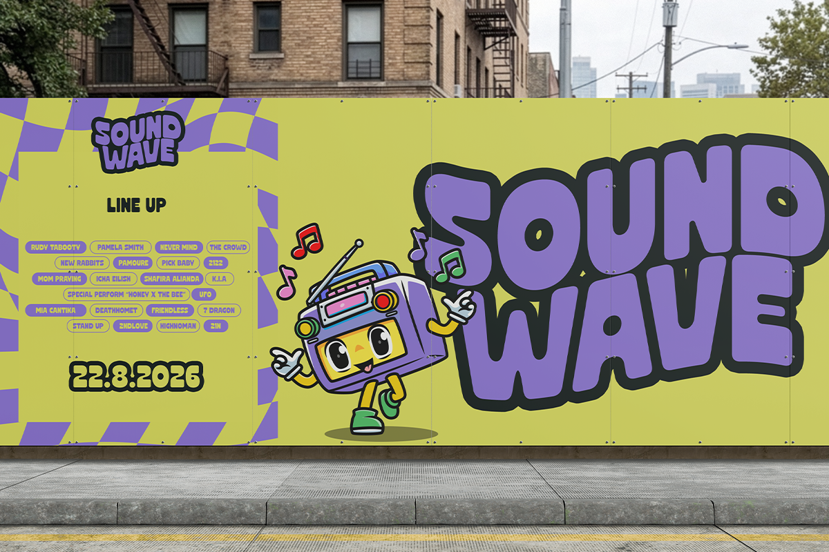 Vibrant music festival billboard mockup with neon purple, yellow lettering, cartoon boombox character, artist lineup
