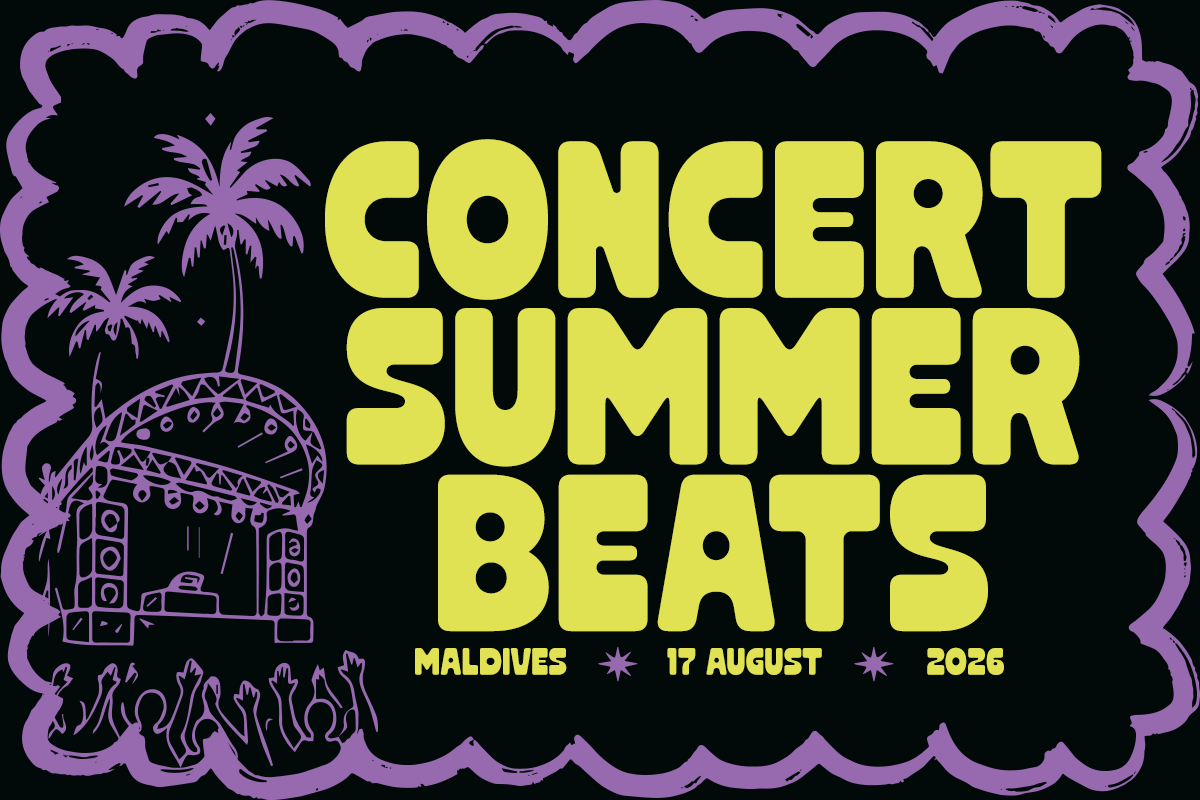 Bright yellow text reading "Concert Summer Beats" on black background with purple wavy border, palm trees, stage setup, crowd silhouettes, Maldives date details