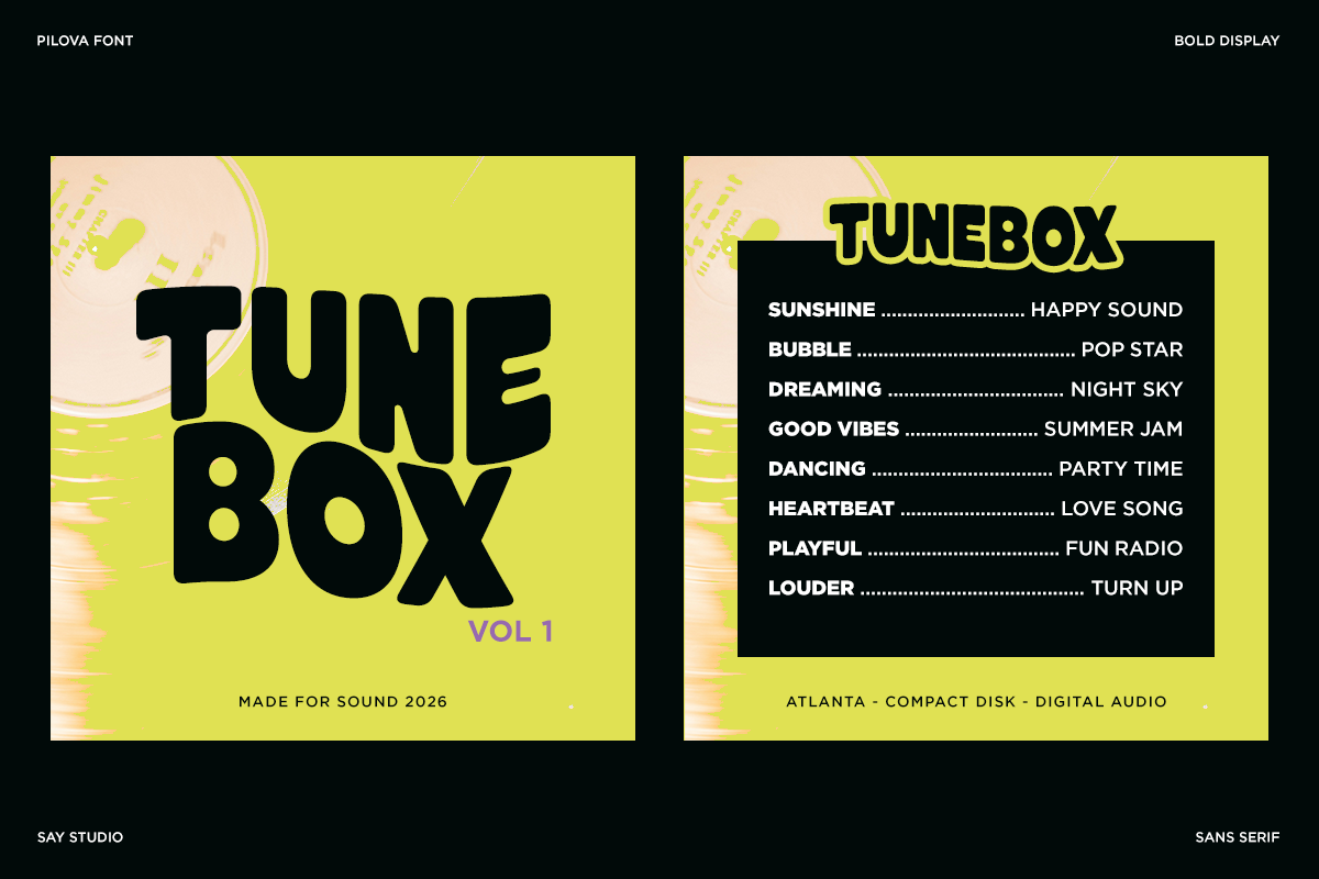 Pilova bold display font shown on retro neon yellow CD cover mockup with tracklist