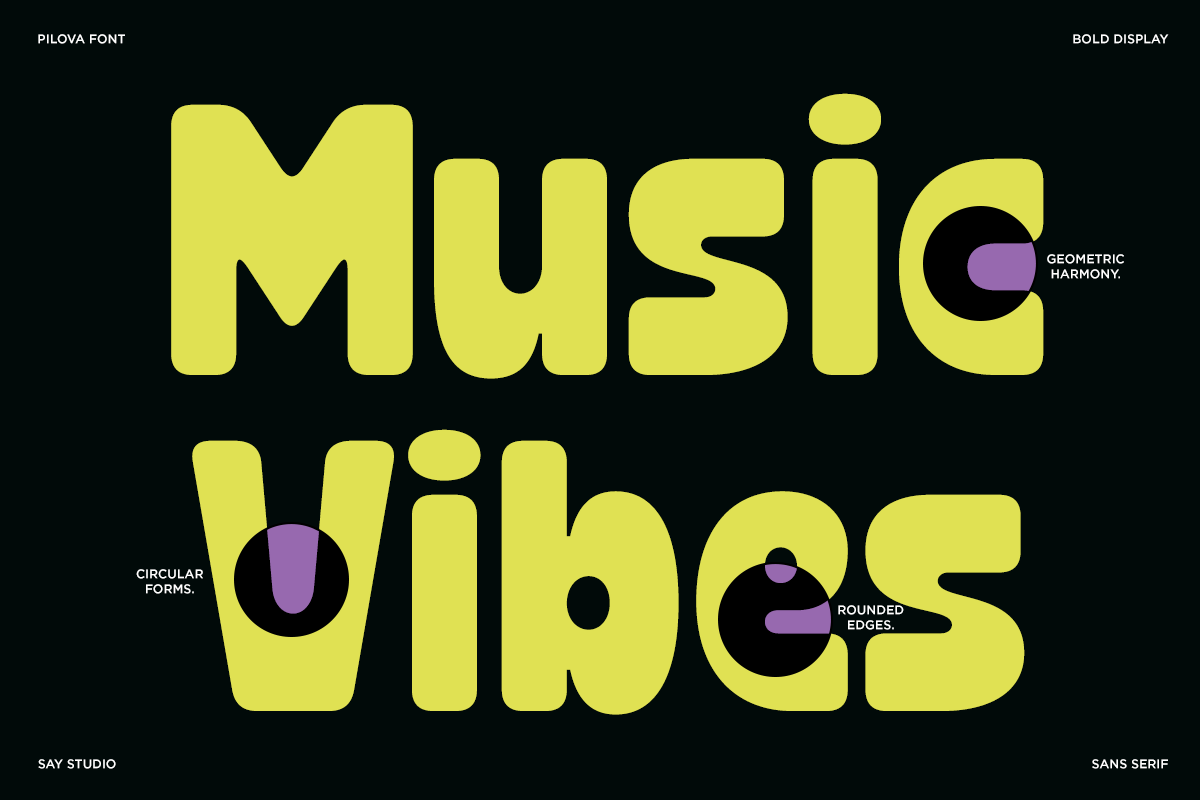 Pilova bold display font in bright yellow with rounded geometric forms on black background