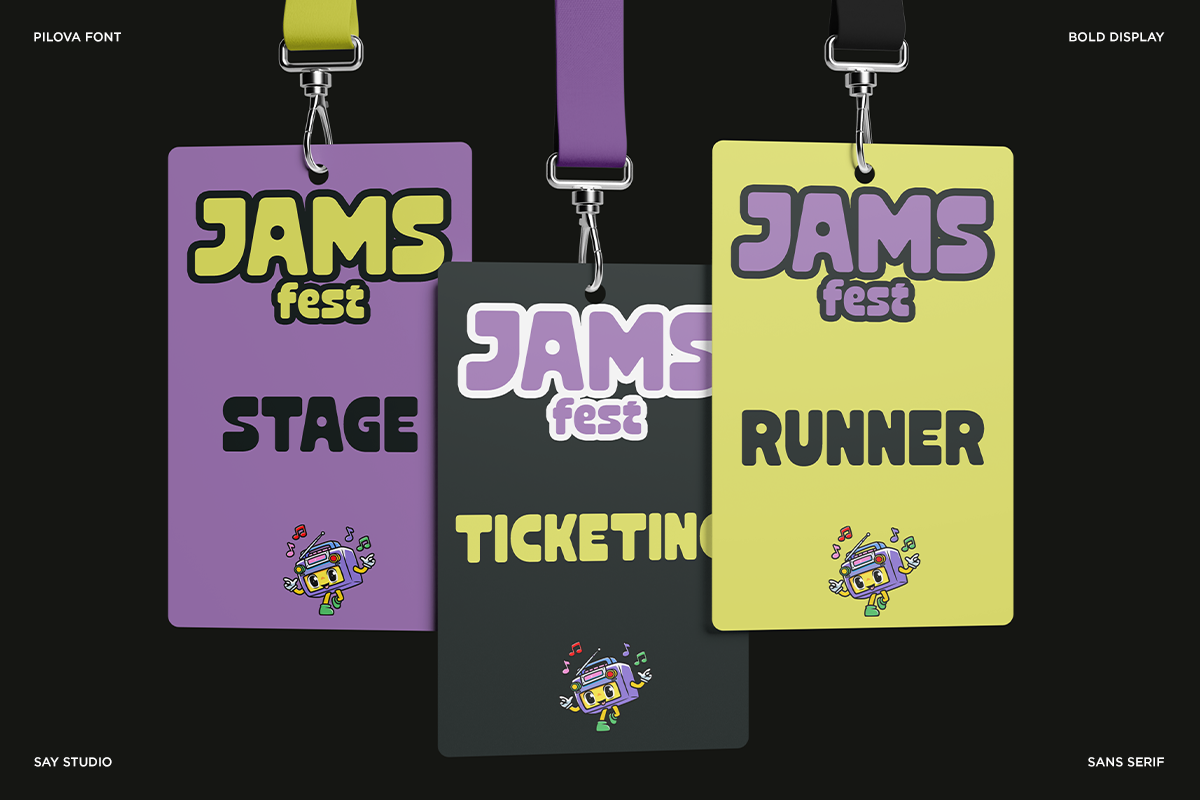Jams Fest event badges in purple, yellow, with neon outlines, lanyard clips attached
