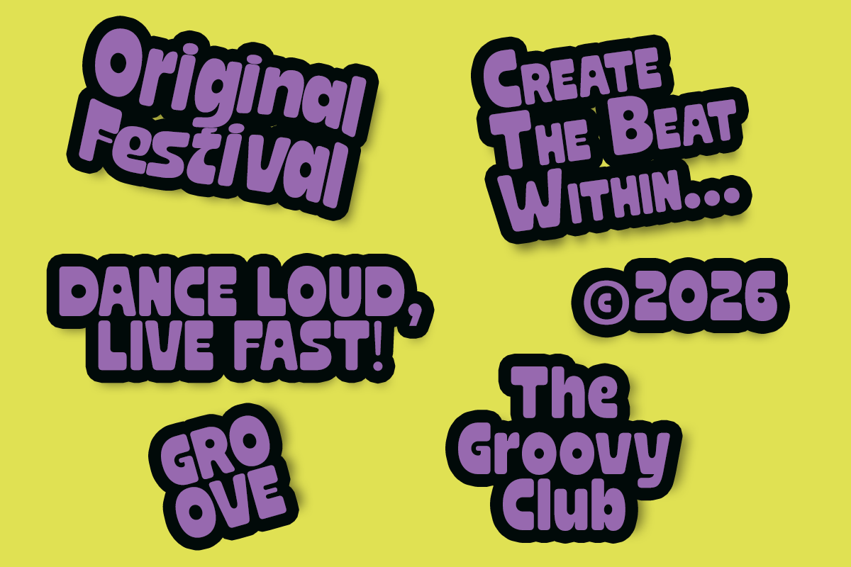 Neon purple sticker text on bright yellow background with festival, party, music vibes