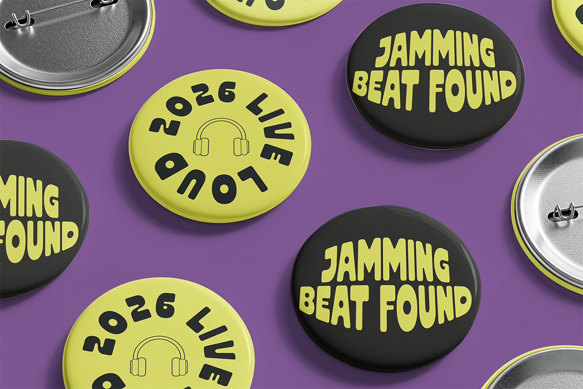 Button badge mockup with neon yellow, black, purple background showing music festival designs