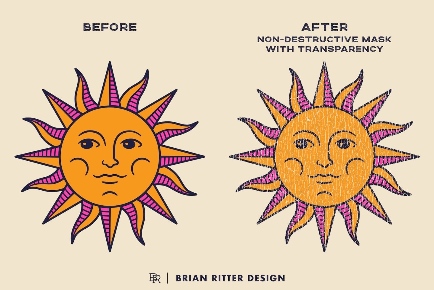 Before-after showing colorful sun face with transparency mask technique applied