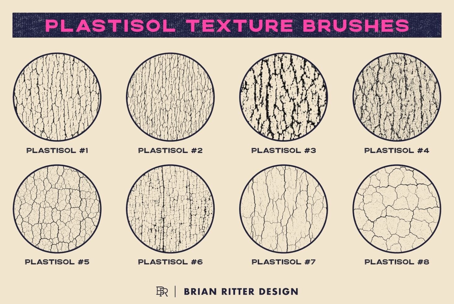 Eight cracked plaster texture brushes with varied line work, from fine scratches to chunky distressed patterns