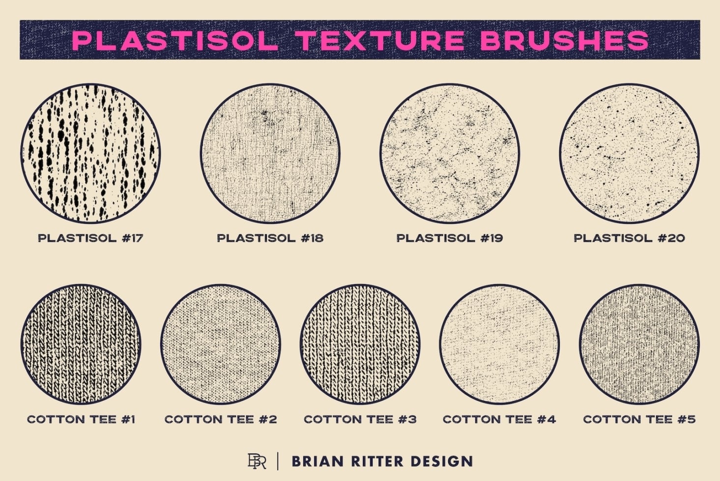 Nine grungy texture brushes showing plastisol patterns plus cotton tee weaves for screen printing designs
