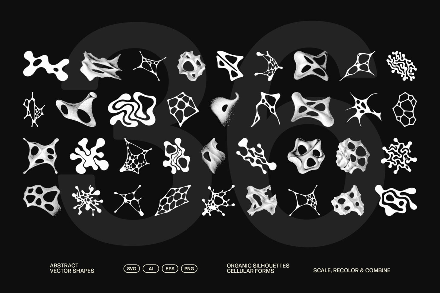Organic abstract vector shapes collection with cellular forms, available in multiple formats for easy customization