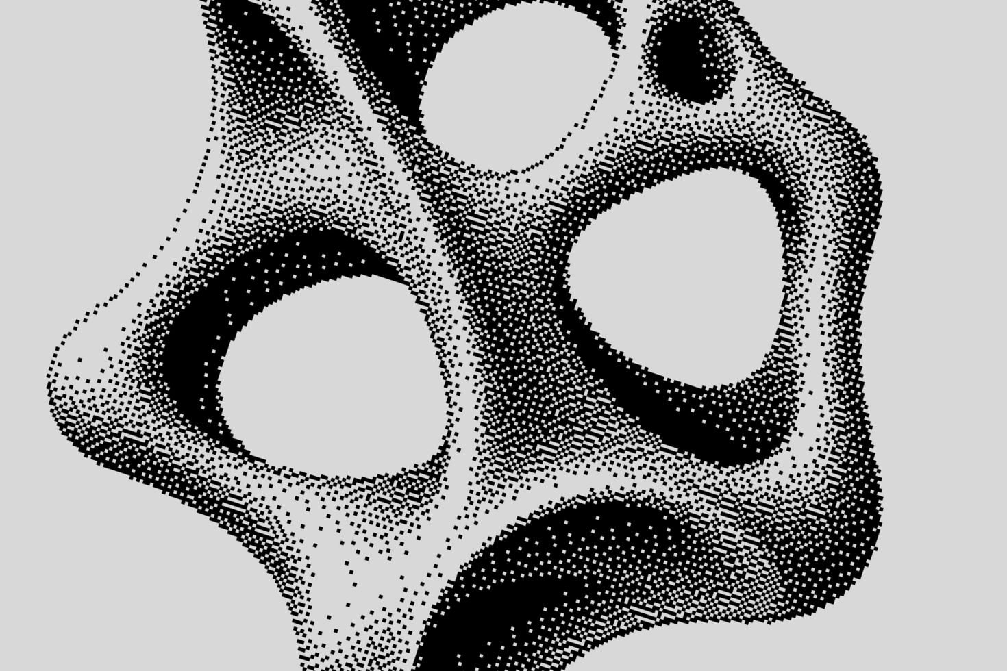 Halftone dotted abstract shapes with organic curves, high contrast black on gray
