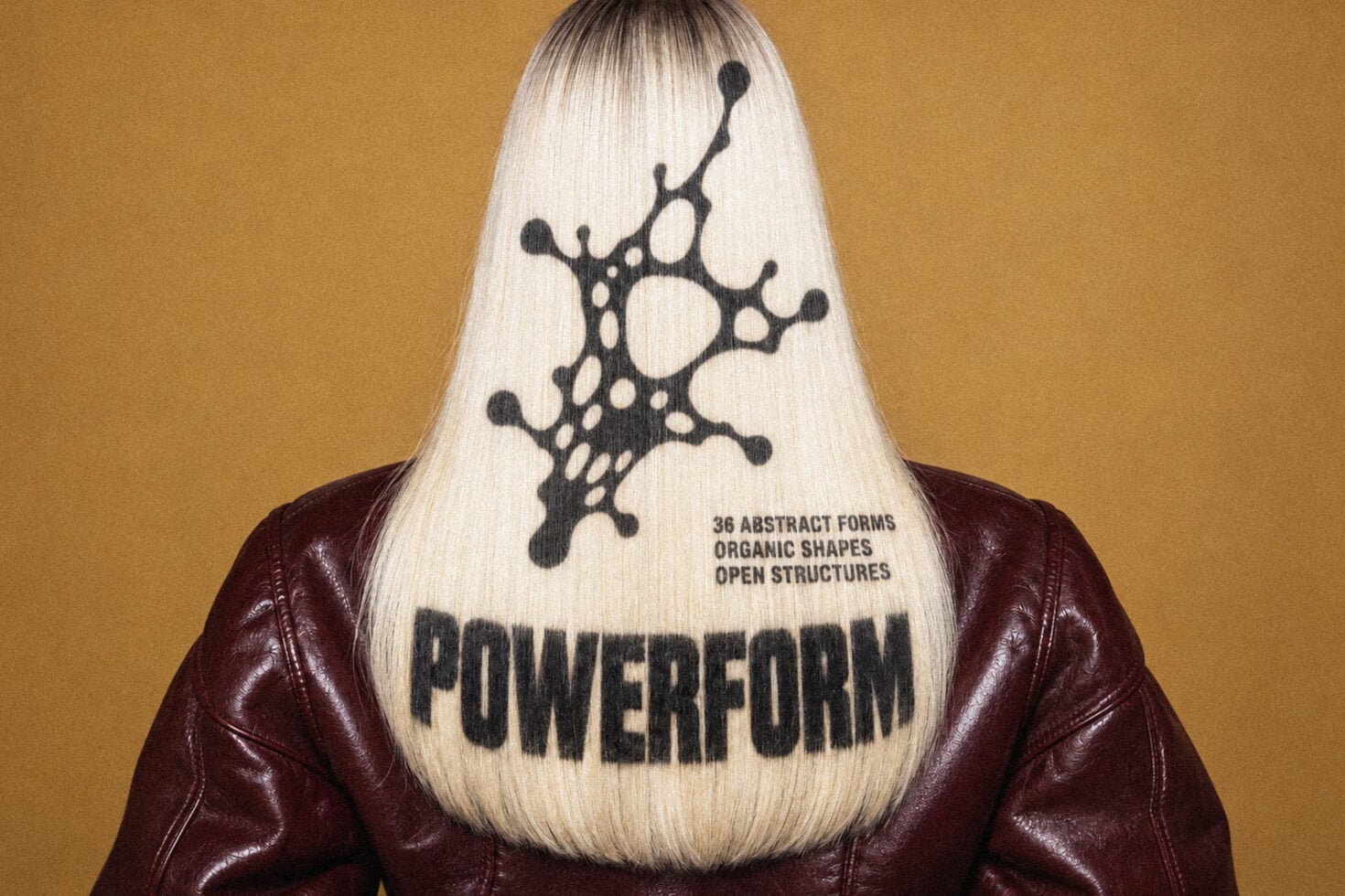 Powerform graphic design asset collection with 36 abstract organic shapes on blonde hair mockup