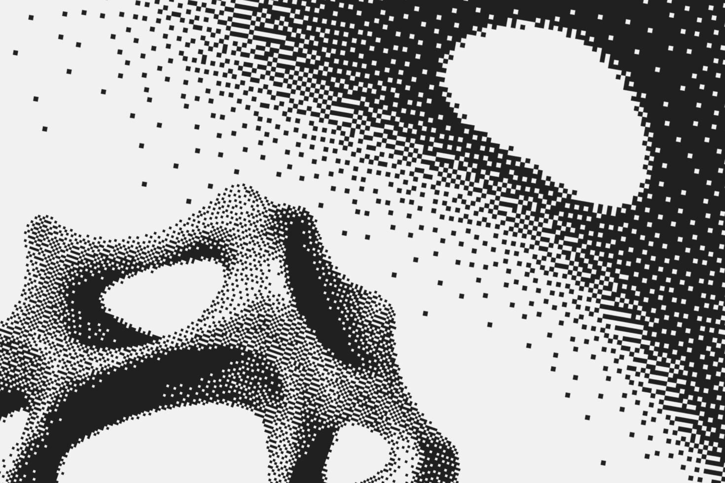 Pixelated hand gesture dissolving into digital noise, black to white gradient effect