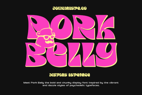 Pork Belly display font in hot pink with yellow outlines, chunky retro psychedelic vibes