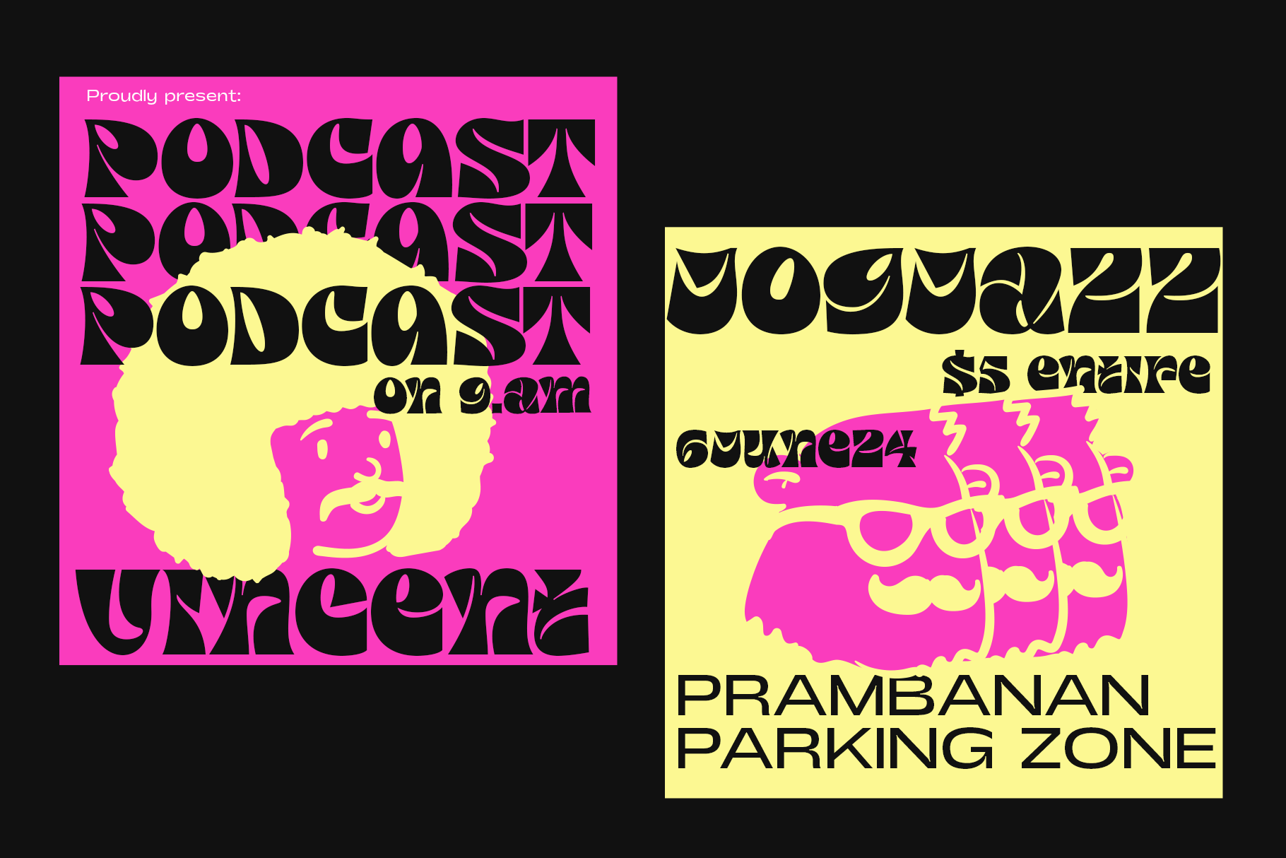 Vibrant poster designs with bold black type, neon pink, yellow backgrounds, surreal faces