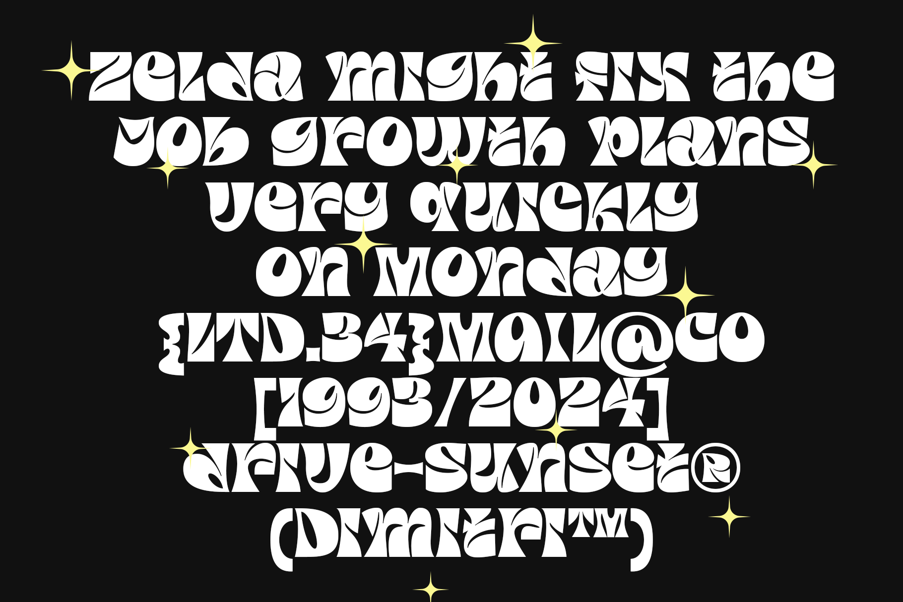 Groovy retro font with wavy letterforms, yellow sparkles on black background