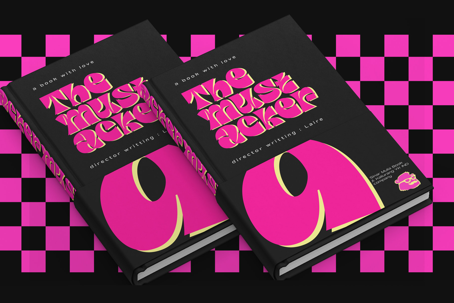 Two black book covers with neon pink wavy typography on checkered background mockup
