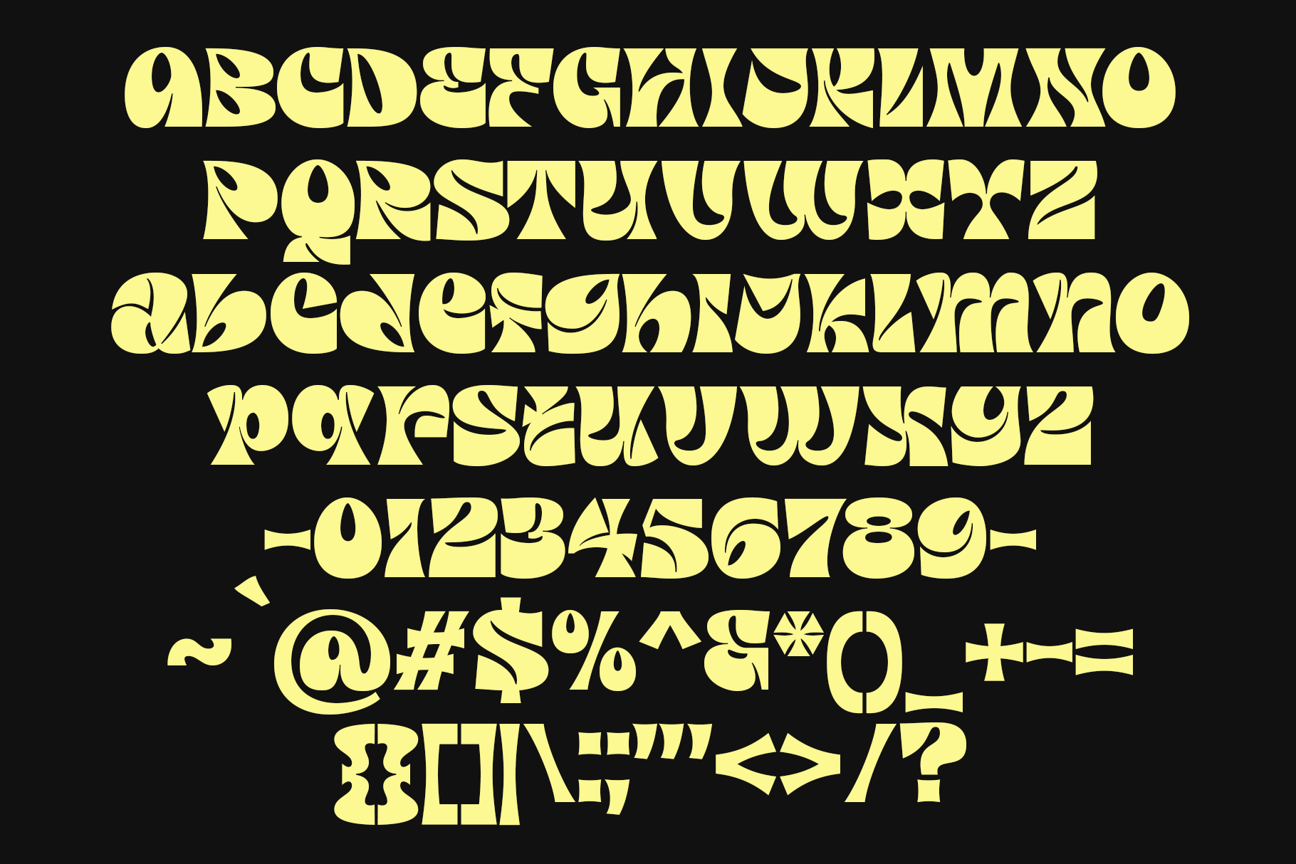 Retro yellow font with wavy organic letterforms, full character set on black background