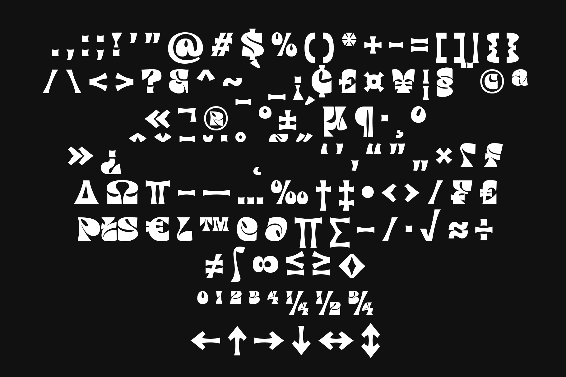 Bold display font with extended character set including symbols, math operators, fractions, currency signs on black background