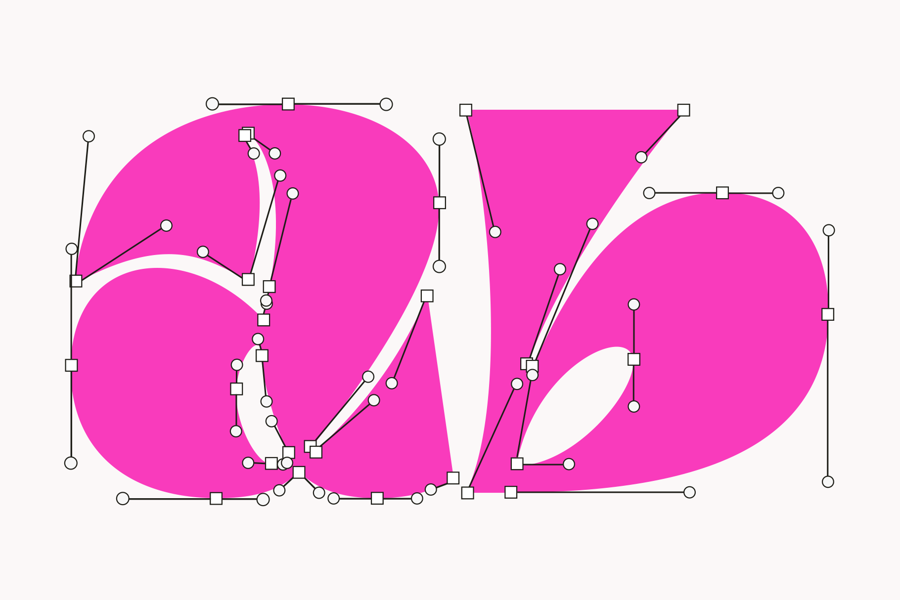 Bright magenta letterforms with editable anchor points, curves showing bezier handles for vector editing