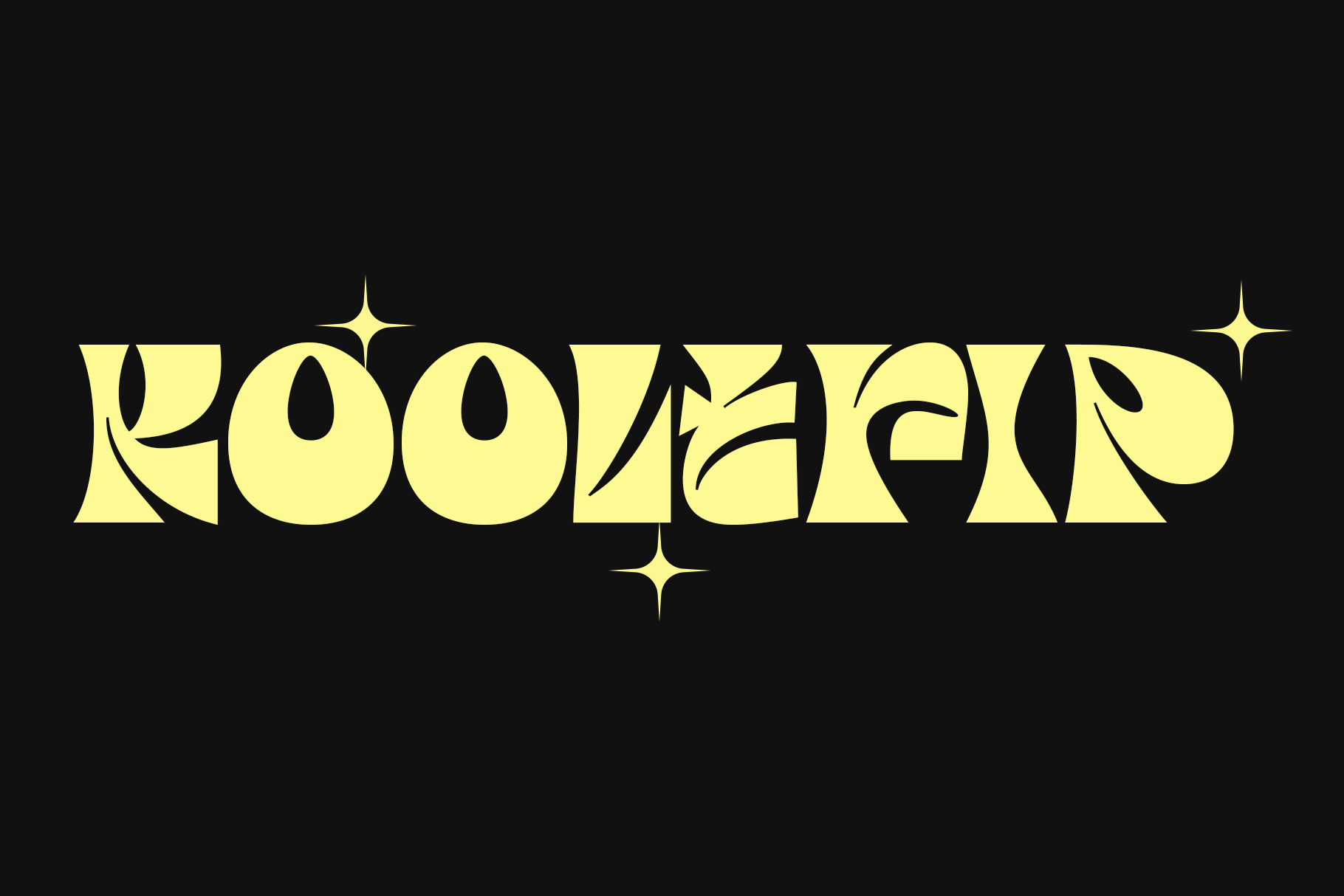 Retro yellow serif wordmark with organic curves, sparkle accents on black background
