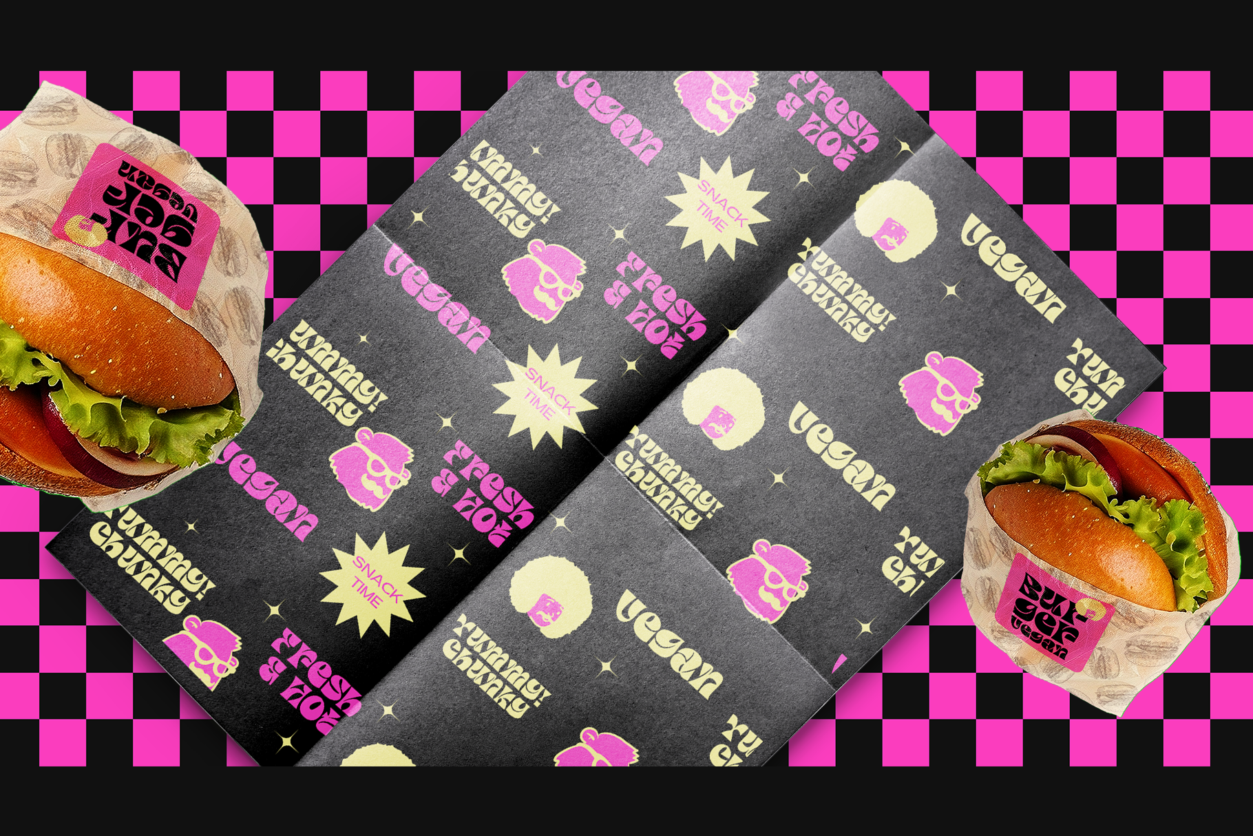 Bright fast food packaging mockup with neon pink branding on checkered background