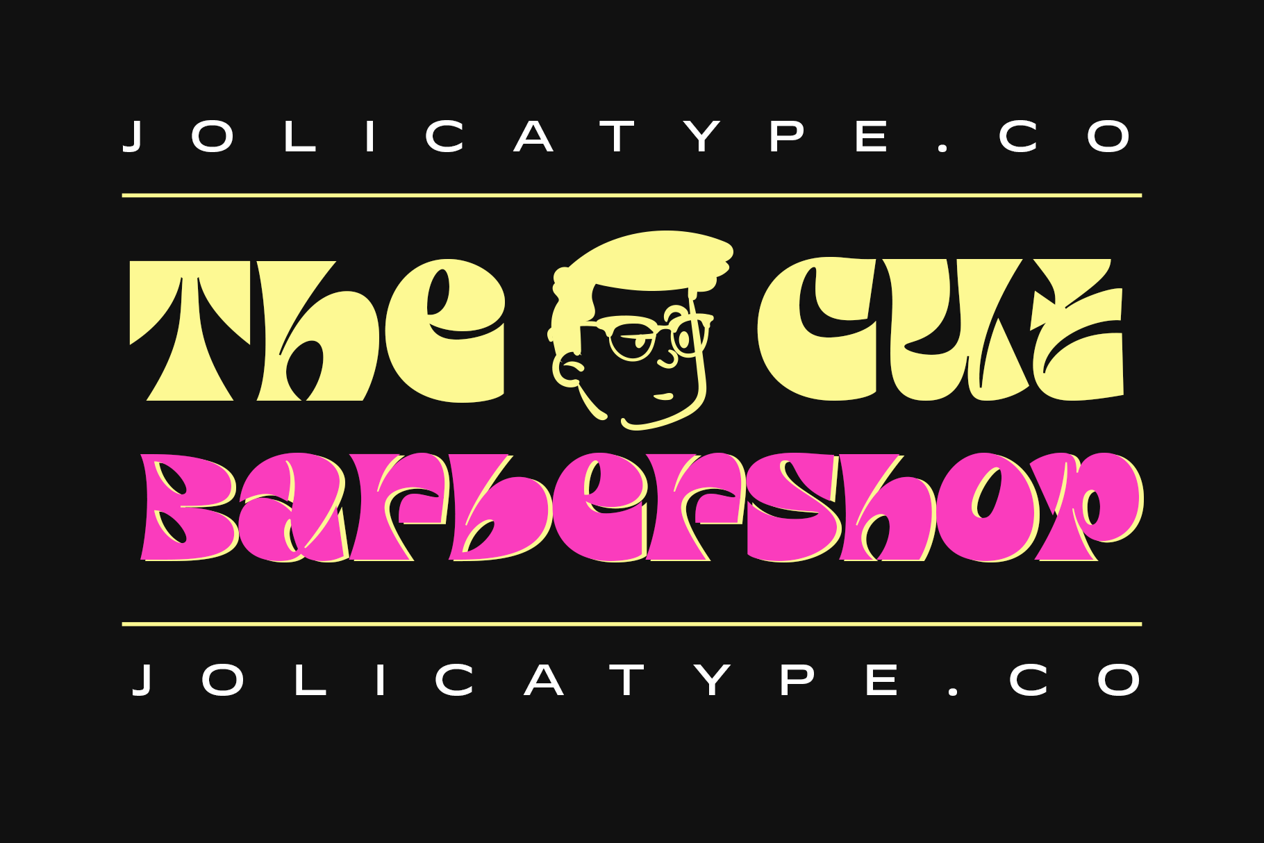 Jolicatype display font specimen with yellow wavy letterforms, pink bold text, cartoonish face illustration on black background