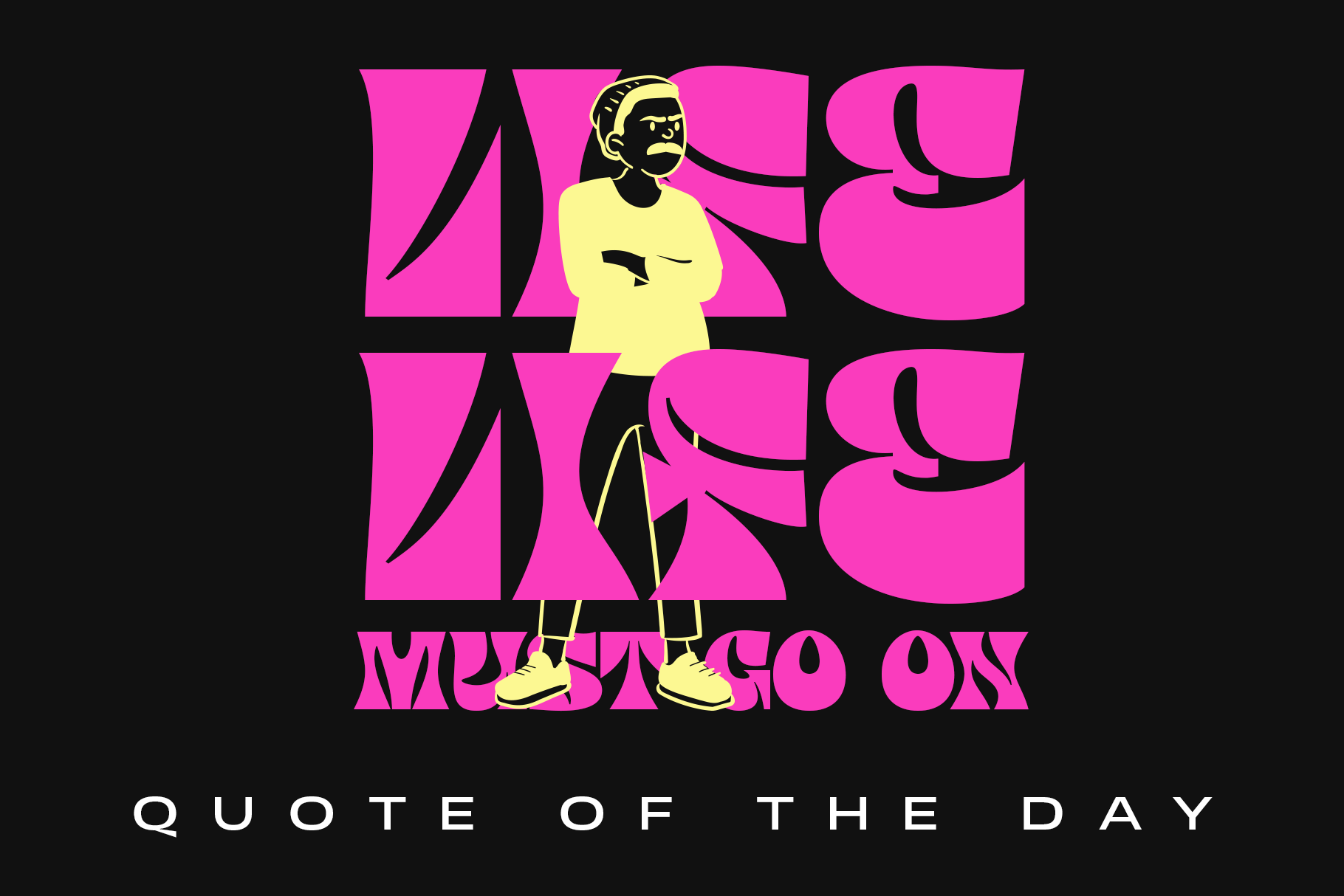 Retro poster with bold pink typography, illustrated figure in yellow shirt striking confident pose