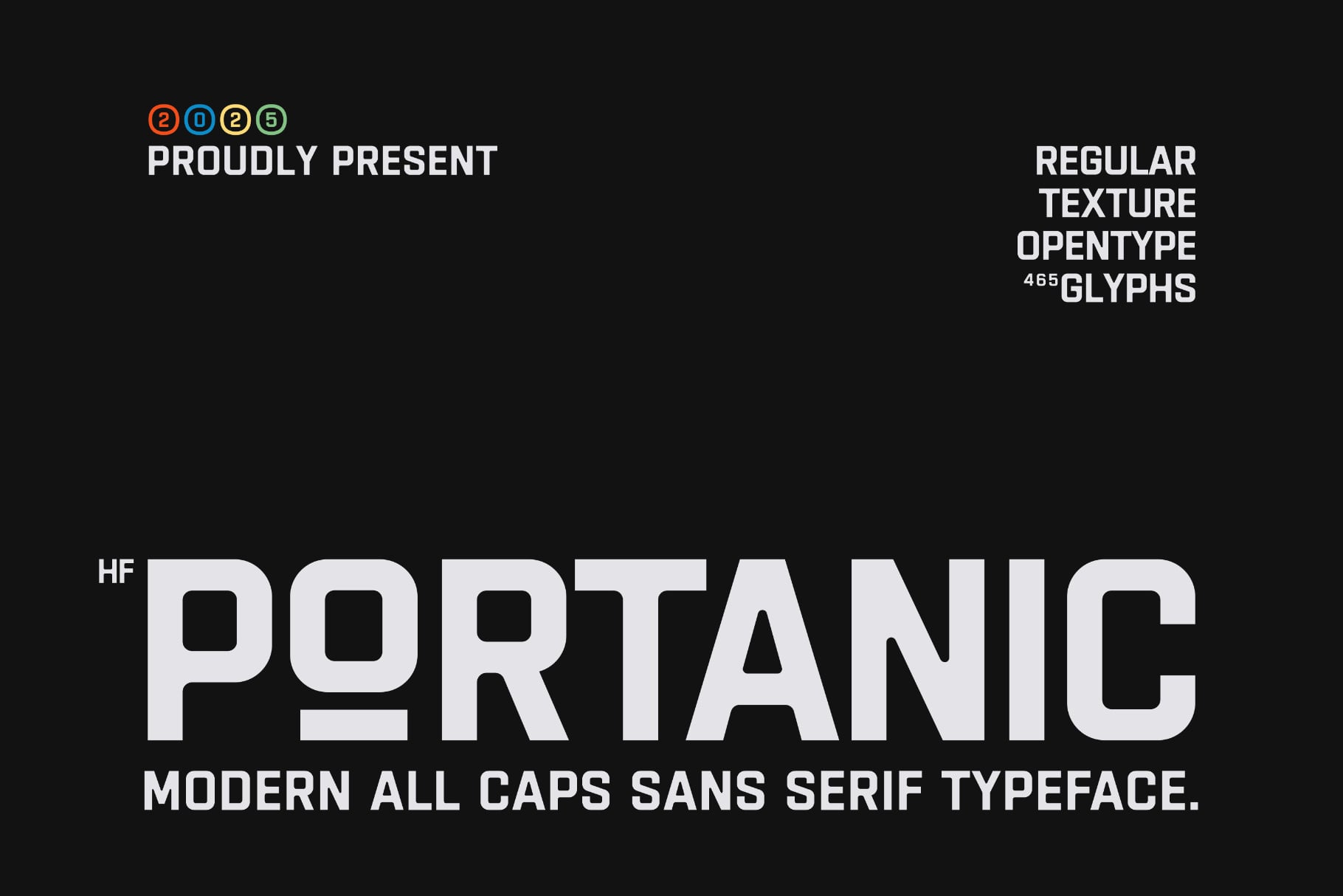 HF Portanic font display showing modern all caps sans serif typeface on black background