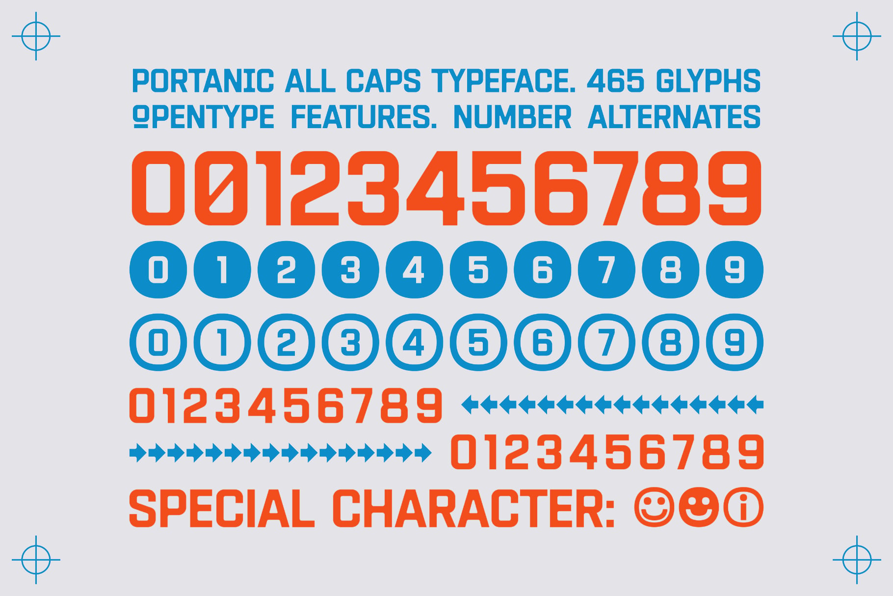 Portanic all caps typeface showing number styles, circled digits, alternates with directional arrows