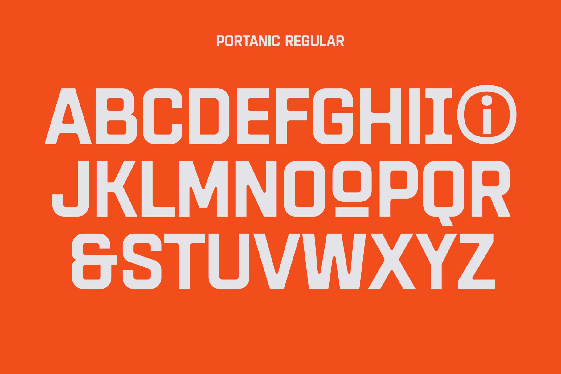 Portanic Regular typeface displaying full alphabet in white on bright orange background