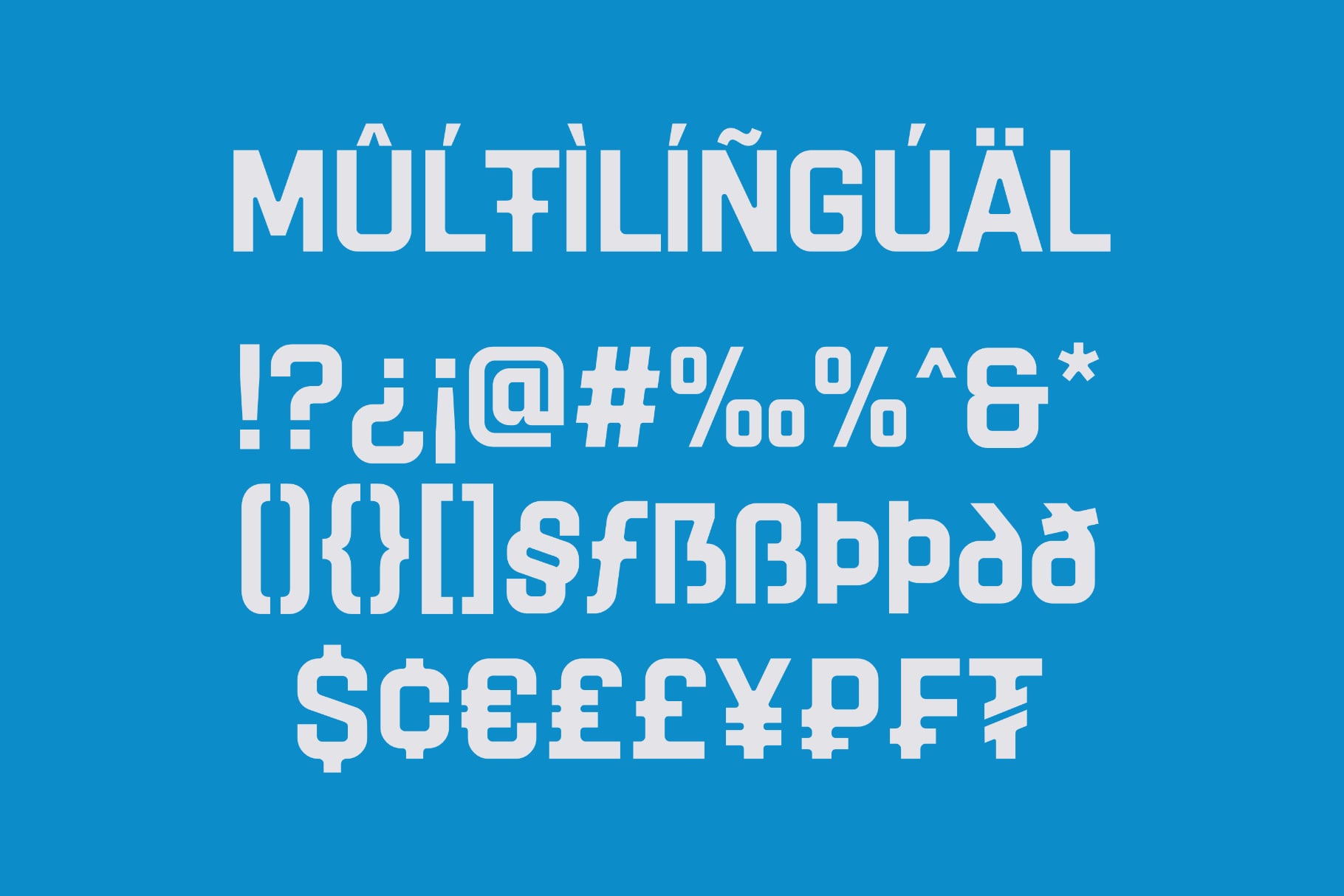 Bold sans serif font with multilingual characters, accents, symbols on bright blue background
