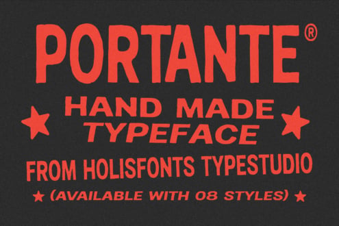 Portante handmade typeface in bold red letters with stars on dark background