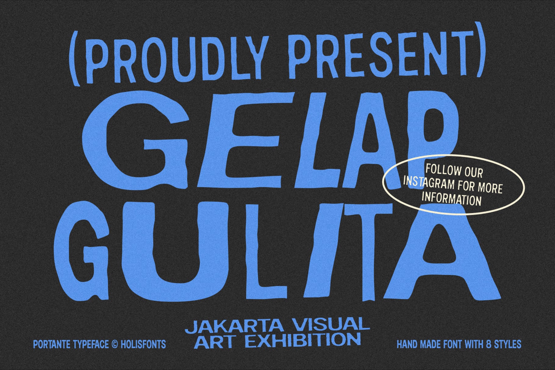 Bold blue typeface poster for Jakarta Visual Art Exhibition with hand-drawn font feel