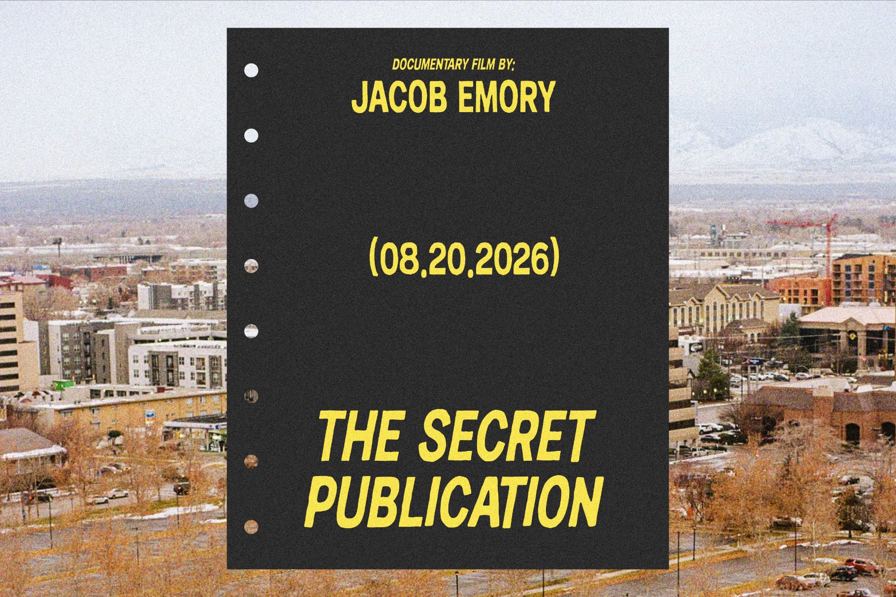 Bound screenplay mockup with yellow italic text over cityscape background showing Jacob Emory film title date