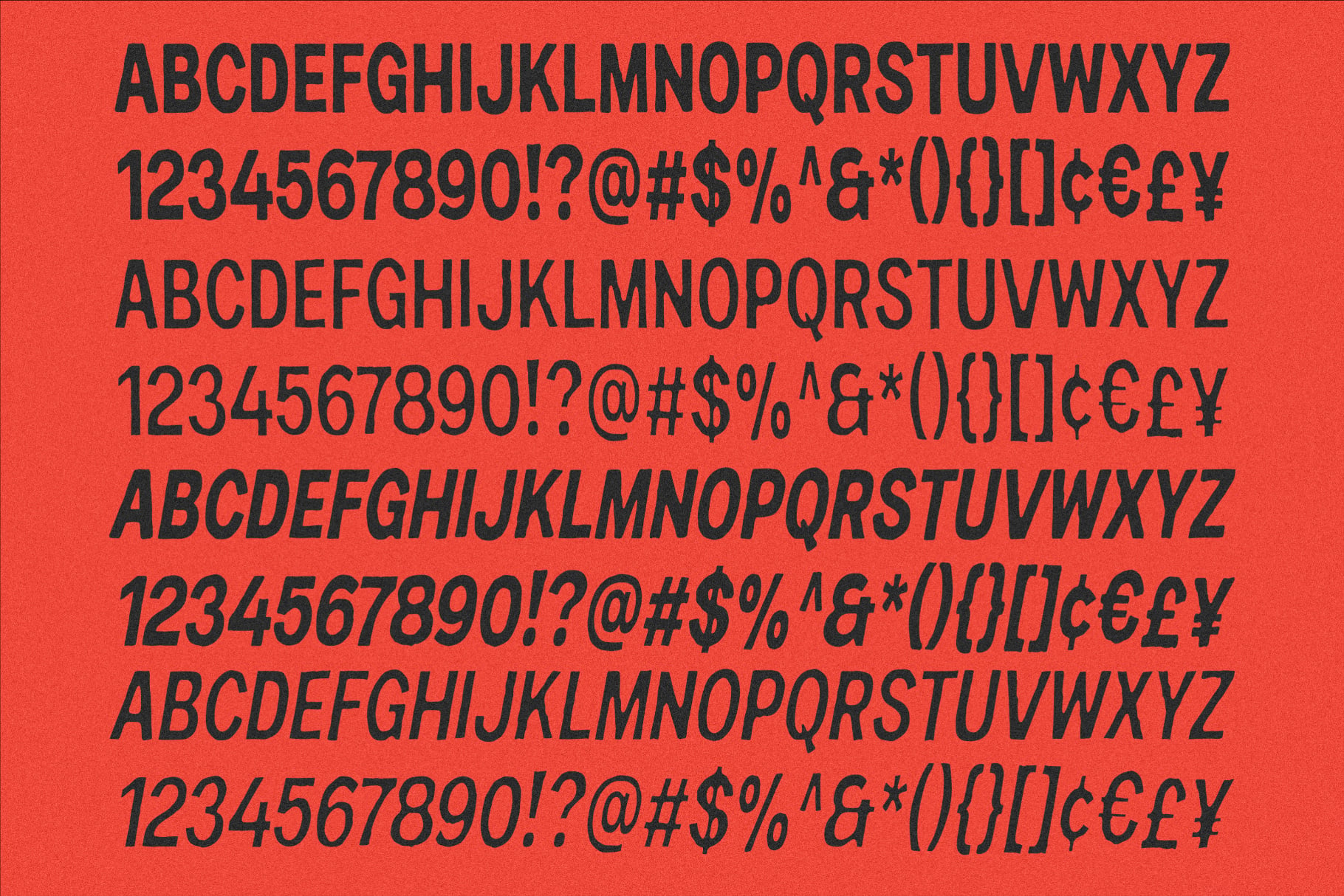 Bold sans serif font with numbers, symbols, italics on bright red background