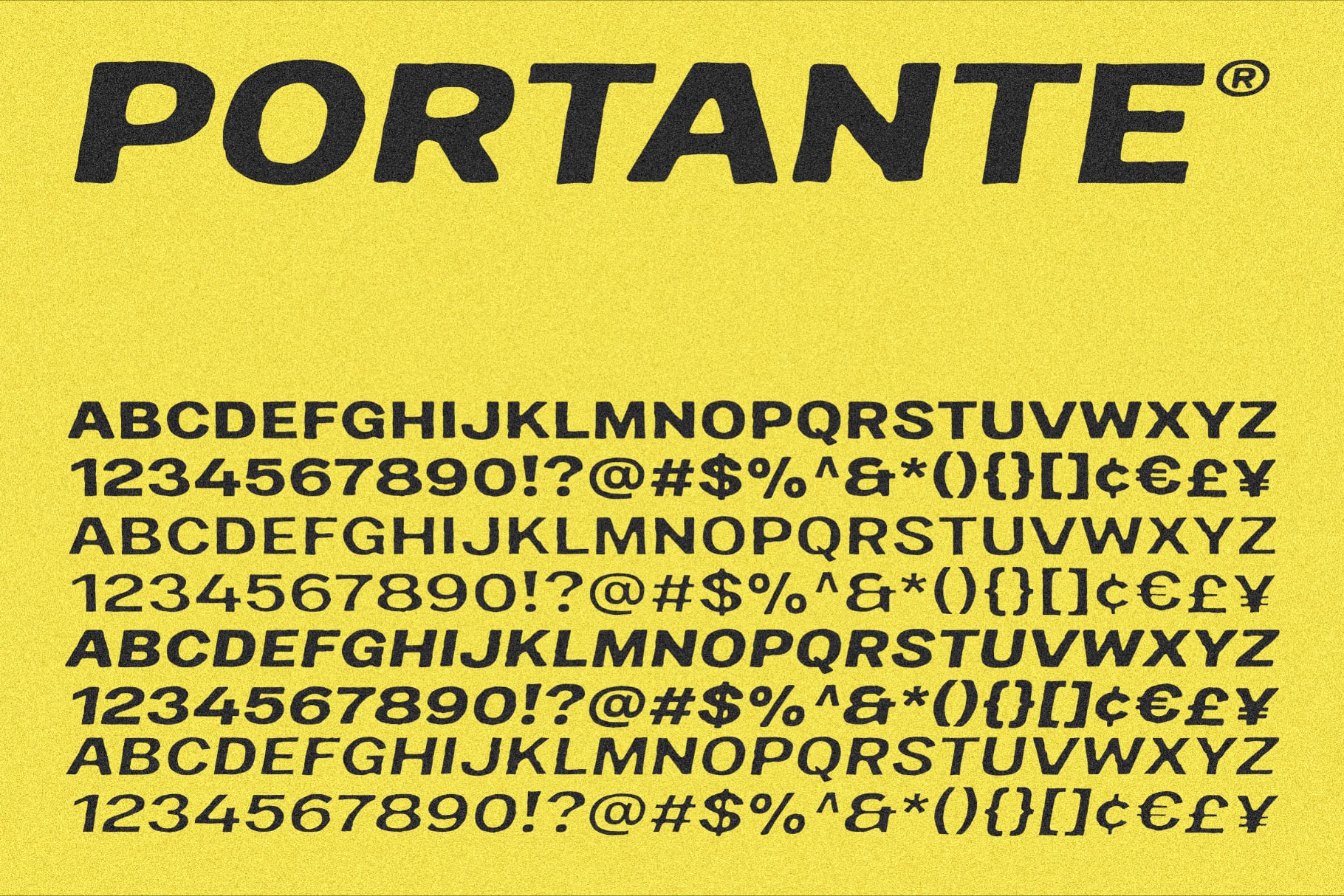 Portante sans serif font specimen on bright yellow with full character set, numbers, symbols, italics