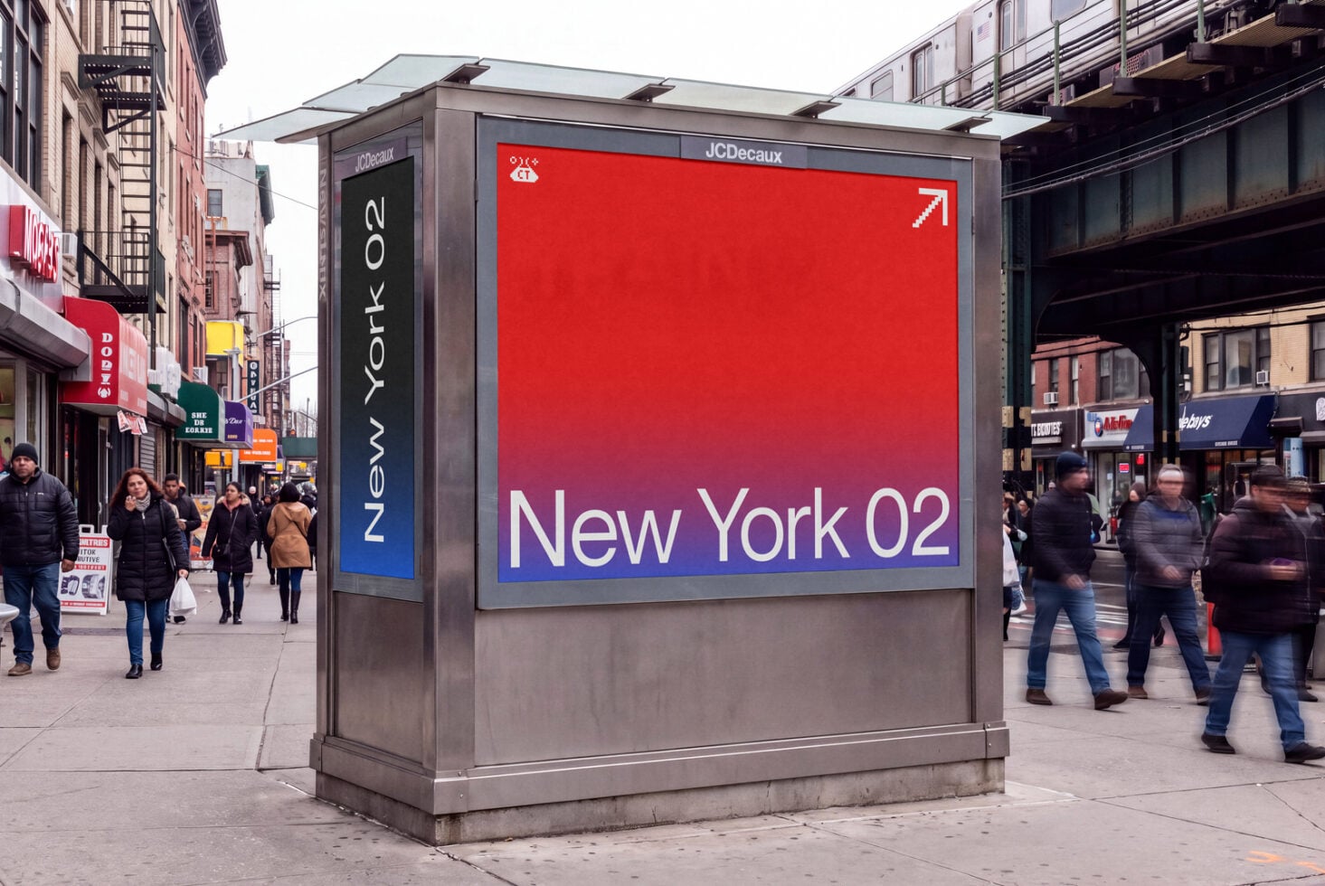 Times Square billboard mockup showing red gradient display with New York 02 text