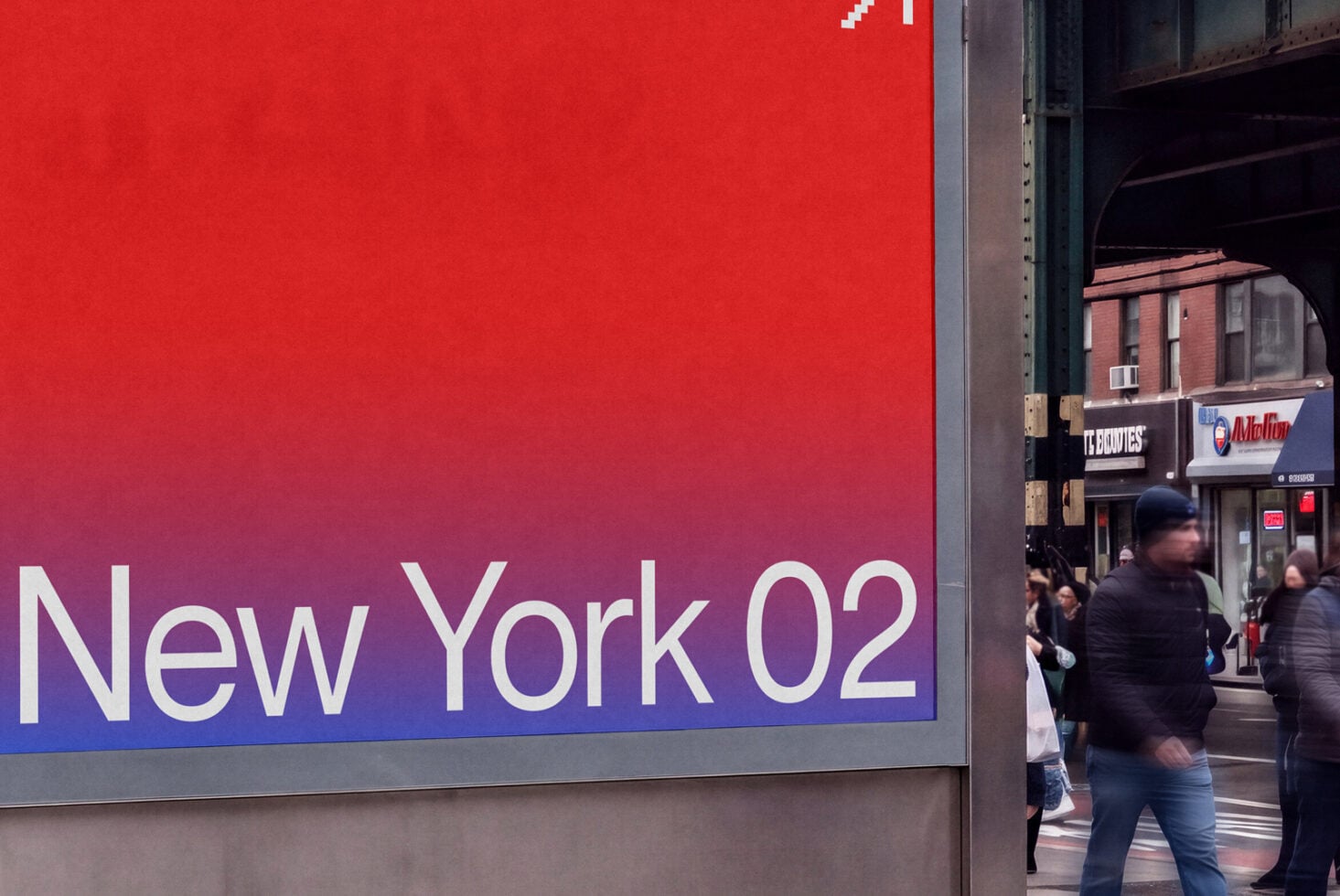 Bold red to blue gradient billboard with "New York 02" text on urban street