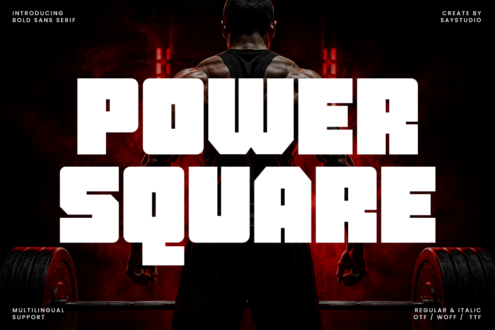 Bold Sans Serif font with muscular athlete in gym setting, red lighting, weights visible