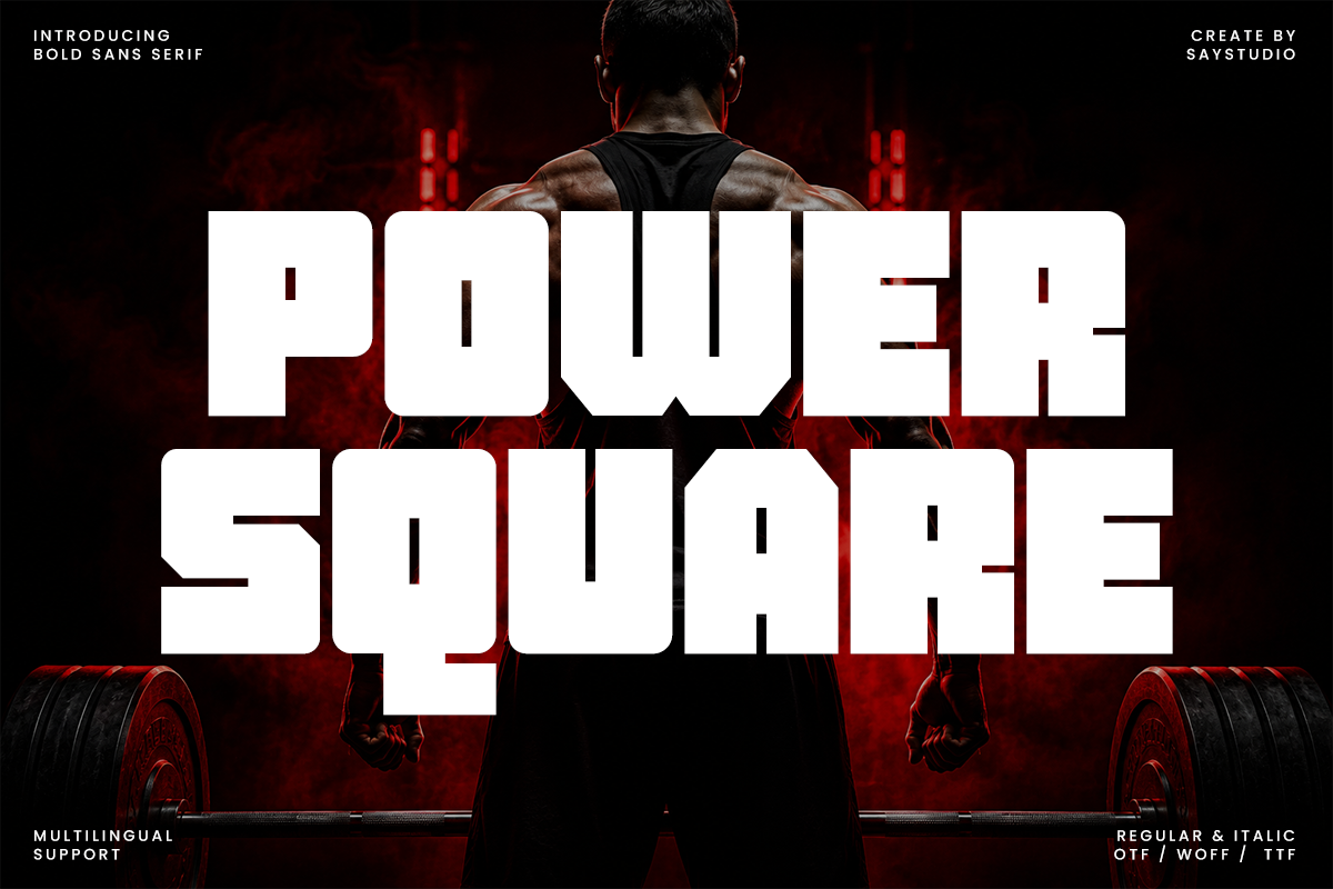 Bold Sans Serif font with muscular athlete in gym setting, red lighting, weights visible