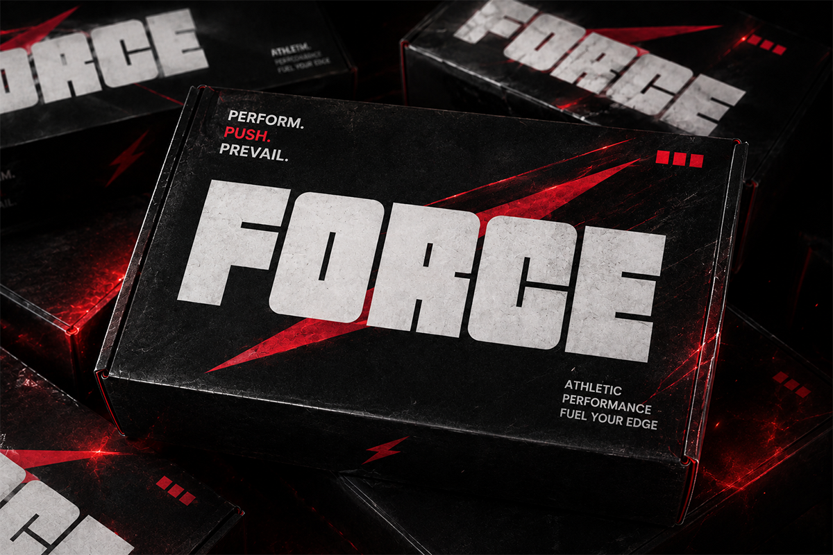 Black box packaging with bold white "FORGE" lettering, red accent slashes, tagline above, athletic copy below