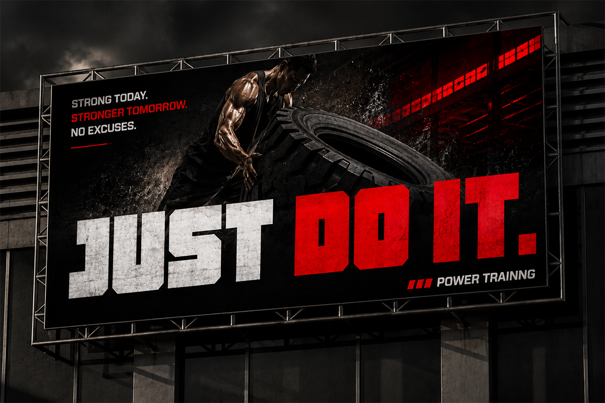 Outdoor billboard mockup with muscular arm, tire, red text saying "JUST DO IT" for fitness brand campaign