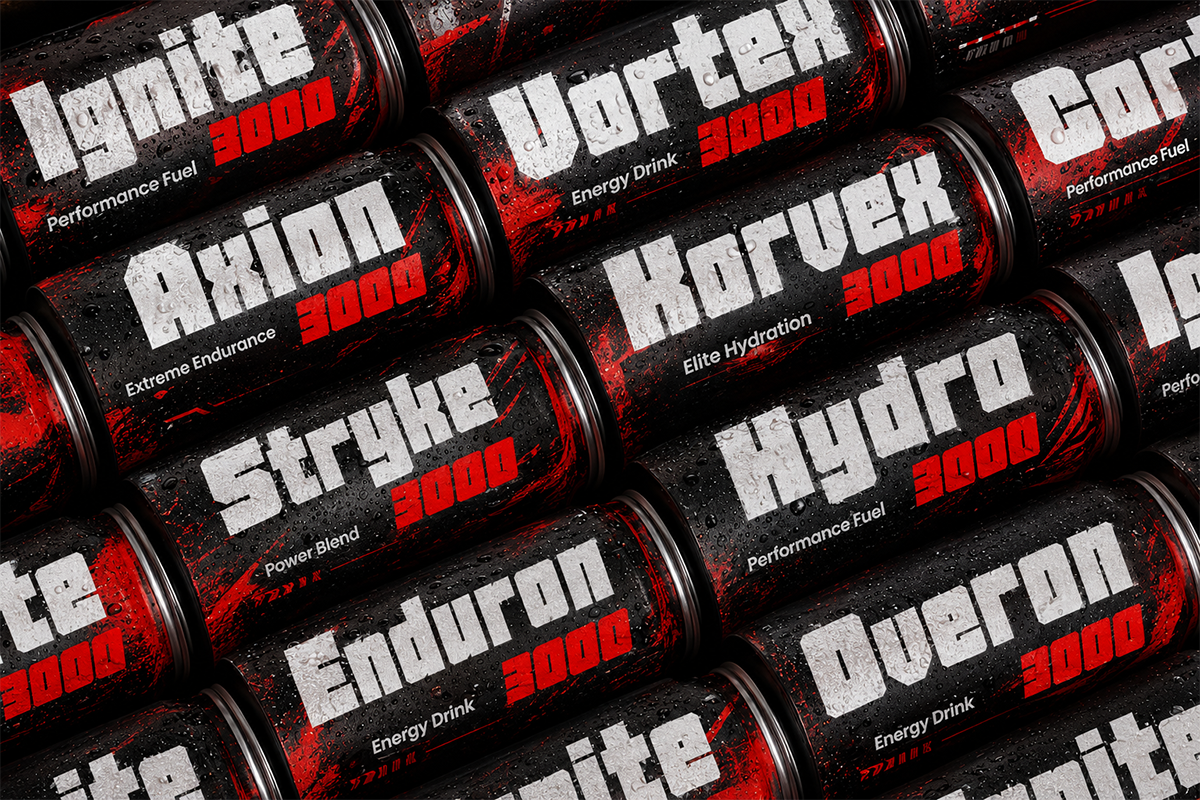 Energy drink cans with bold white lettering, red accents, black backgrounds, stacked in rows