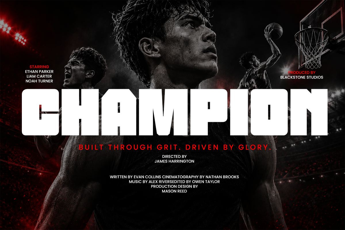 Dramatic sports movie poster with basketball players, red neon lights, bold white typography