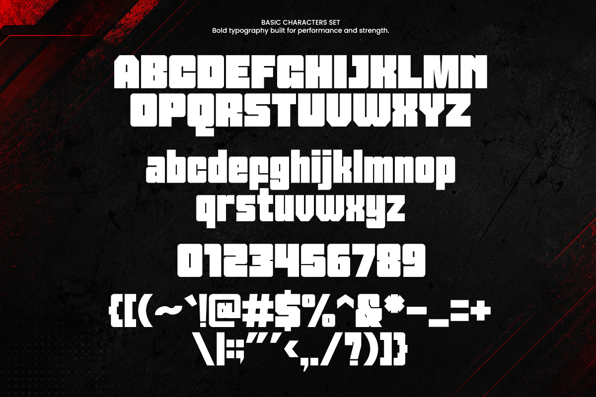 Bold display typeface showing uppercase, lowercase, numerals, plus symbols on dark textured background