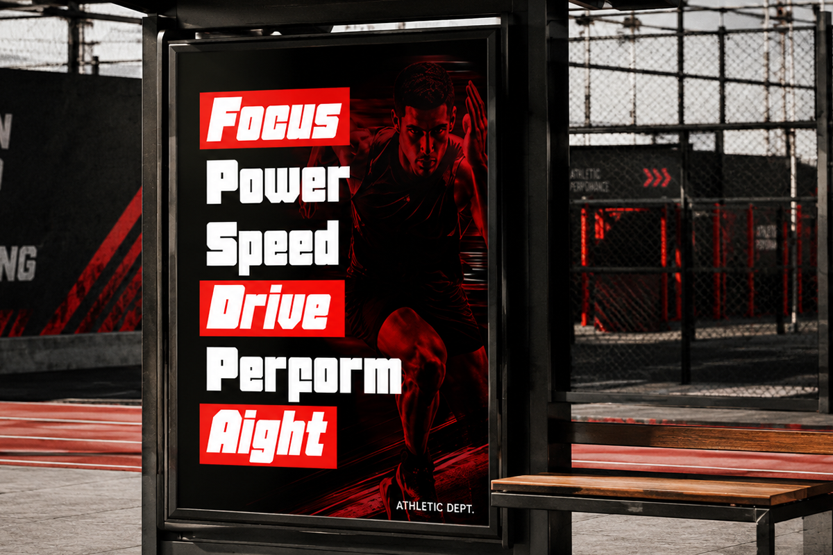 Athletic gym poster mockup with red, white, black color scheme in street setting