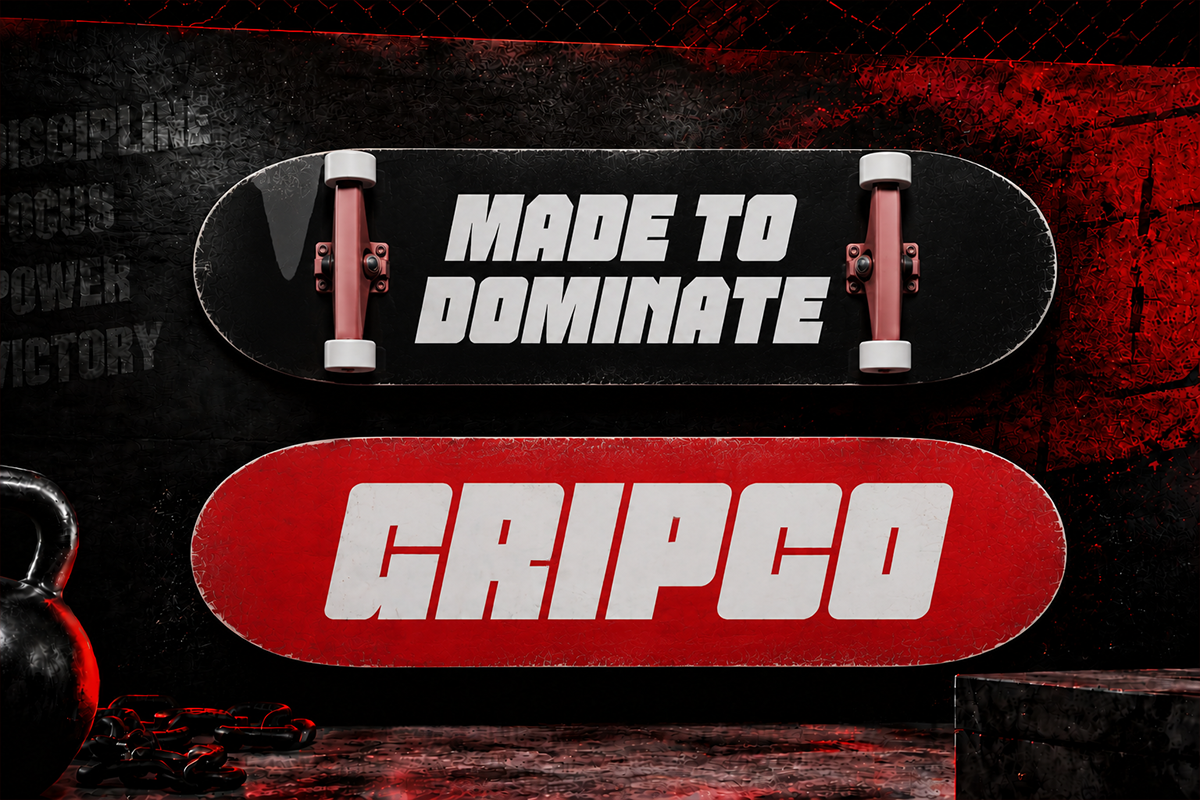 Skateboard mockup with bold italic text on black, red, white grip tape against grungy dark background