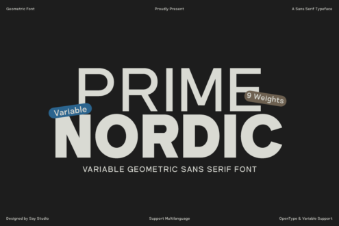 Prime Nordic variable font with 9 weights displayed in large geometric letters on dark background